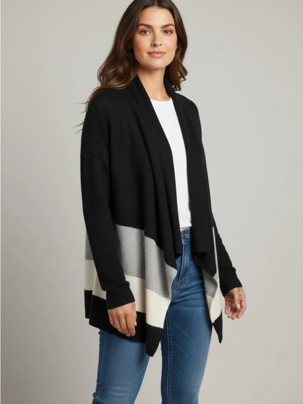MICHAEL KORS Black & Gray Asymmetrical Cardigan Sweater